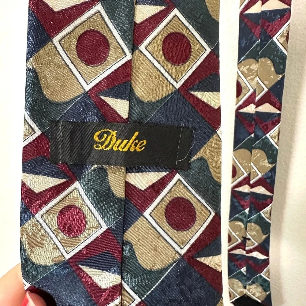 VTG 90s Duke Necktie Geometric Abstract‎ Navy Burgundy Gold USA Made Retro Tie